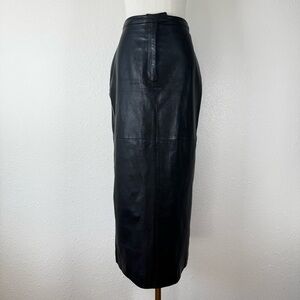 Margaret Godfrey Black Leather Maxi Skirt 8P High Waist Long Slit old money